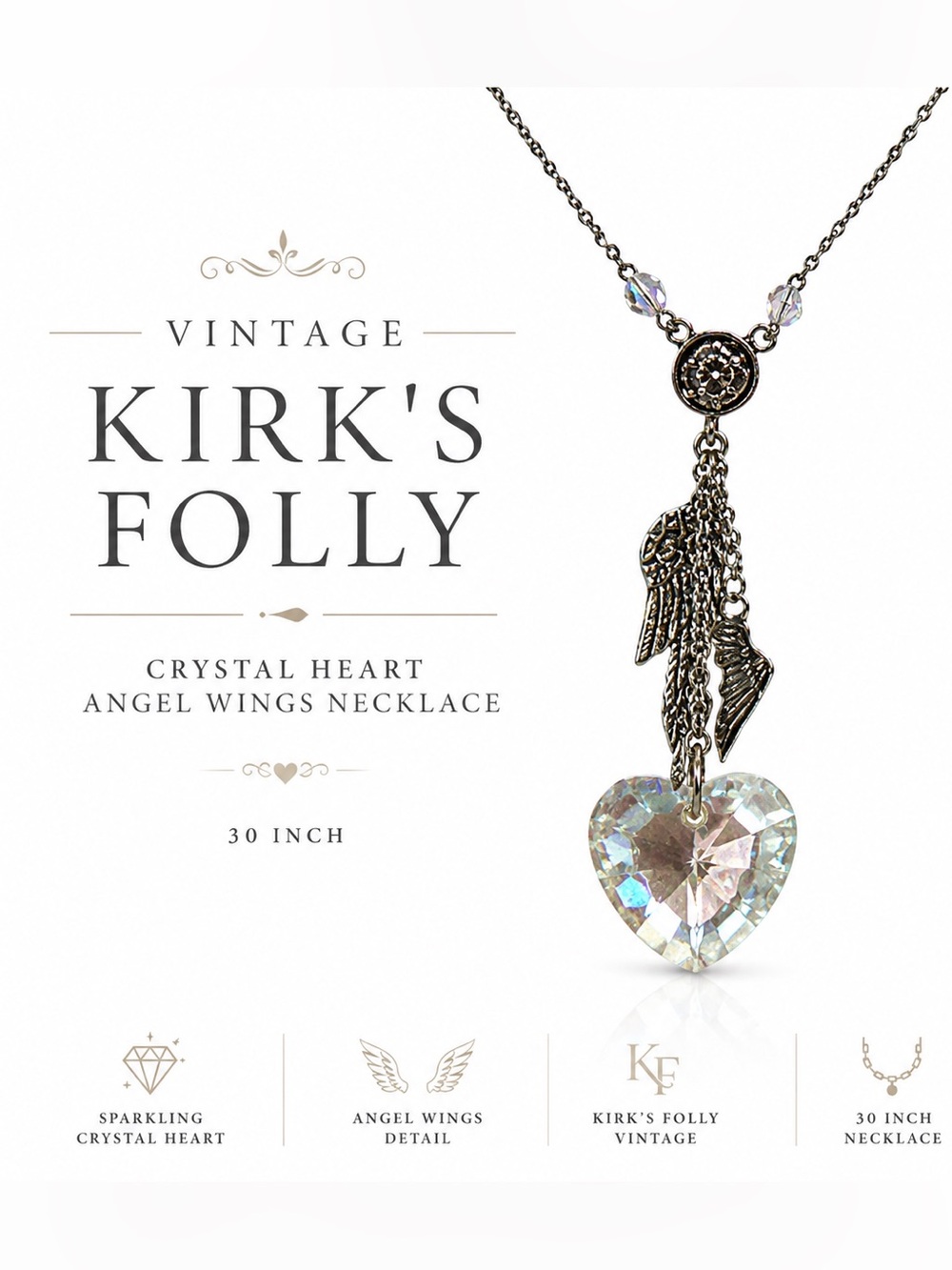 C514 Vintage Kirk’s Folly Crystal Heart Angel Wings 30” Necklace.